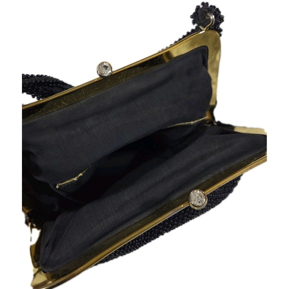 Vintage Beaded Handbag Tote Black Gold Snap Closure - Picture 4 of 8